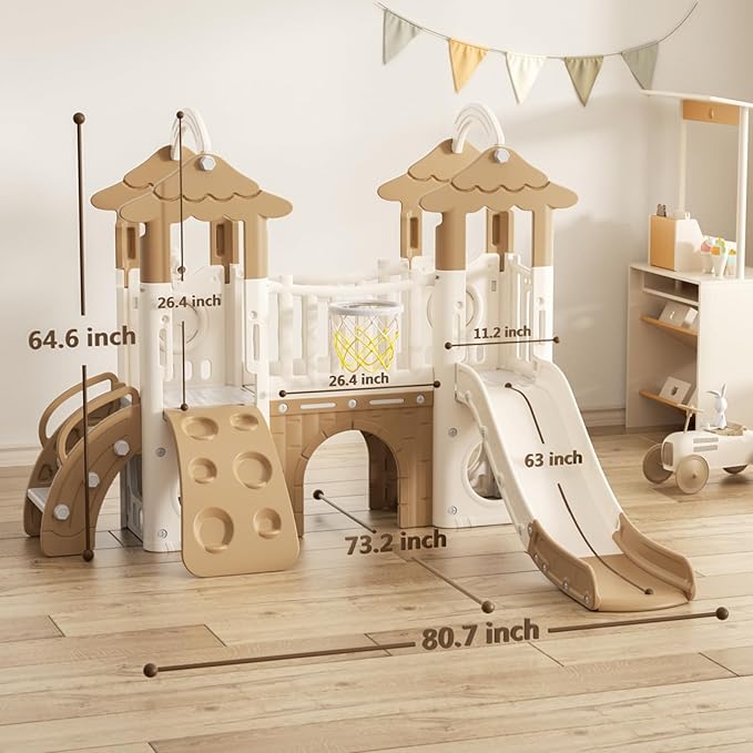 KORIMEFA 9-in-1 Toddler Slide, Kid Slide for Toddlers Age 1-3, Basketball Hoop, and Telescope, Indoor Outdoor Slide Toddler Playset Toddler Playground, Forest Themed Brown, FE-ST-SWW0308