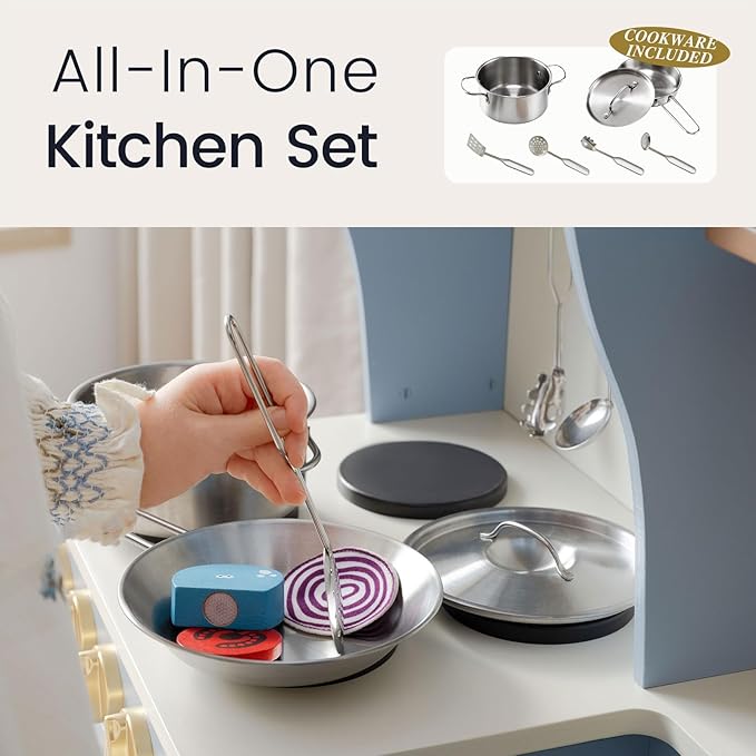 Tiny Land Play Kitchen for Kids with Enhanced Storage – Modern Toddler Kitchen Playset with Stove, Sink & Accessories, Organized Wooden Toy Kitchen, Ideal for Toddlers