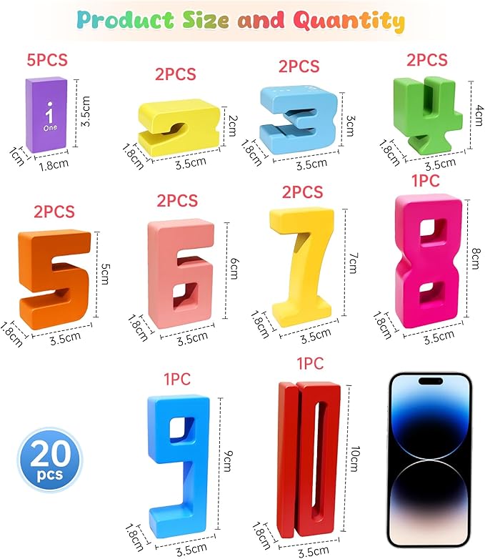 Wooden Number Building Blocks 20 Pcs Stacking Toys for Kids, Math Learning Tool for Students, Digital Building Blocks 1-10, Balance Competition Toy, Educational Gift Party Favors for Boys Girls