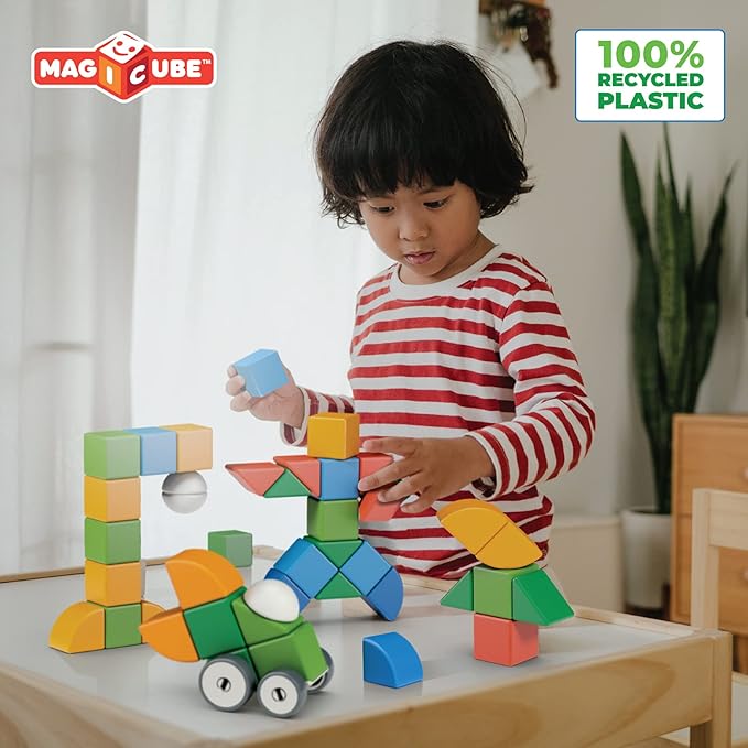 Geomag MagiCube Magnetic Blocks for Toddlers & Kids Ages 1-5 | Swiss-Made STEM Building Toy Sets | Animal, Vehicle, Recycled Plastic Themes | (32-Piece - Classic Set)