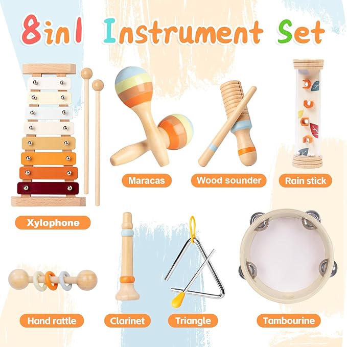 Toddler Musical Instruments Sets, Montessori Wooden Percussion Educational Baby Musical Toys Xylophone Maracas Tambourine for 2 3 4 Year Old Girls Boys Christmas Stocking Suffers Gifts for Kids