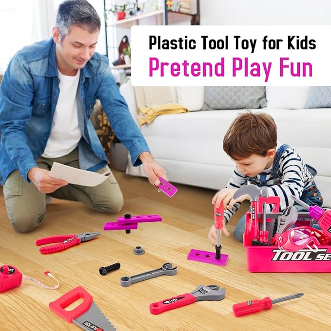 LOYO Kids Tool Set - Toddler Tool Set with Kid Tool Belt Tool Box & Electronic Toy Drill, Kids Construction Toys for Girls Boys Gift for Toddlers Girls Ages 3, 4, 5, 6, 7 Years Old