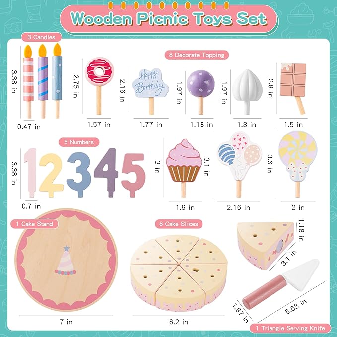 Birthday Party Cake Toys, Wooden Play Food Set for Kids Toddlers, Play Kitchen Toys for Boys Girls, Educational Toys