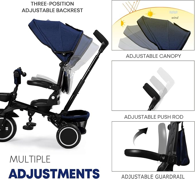 Kinder King Kids Tricycle, 8 in 1 Folding Toddler Trike w/Adjustable Push Handle, Rotatable Seat, Adjustable Canopy, Bell, Five-Point Harness, Storage, Toddler Stroller Bike for Age 6 Months+, Blue