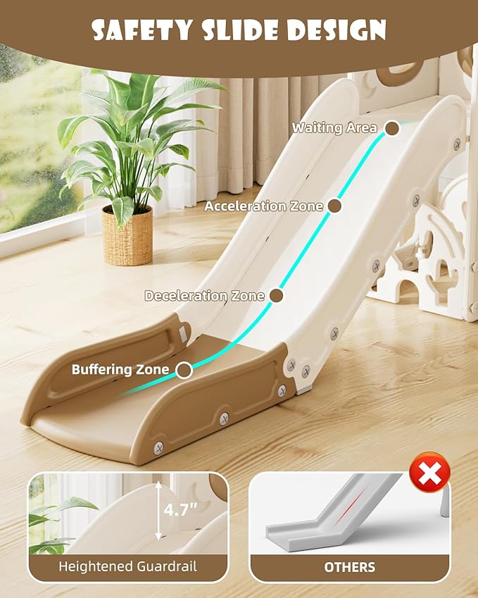 YUFU 13 in 1 Kids Slide for Toddlers, Toddler Slide Playset with Golf, Drawing Board, Climber, Basketball Hoop and Storage Space, Indoor Outdoor Toddler Playground for Kids Age 1-3 (Brown)