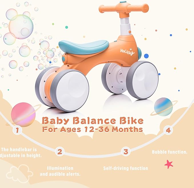 Baby Balance Bike 1 Year Old with Music, Lights, Bubble Machine, 4 Wheels Pedal-Less Toddler Ride on Toys for 12-36 Months Birthday Gift, Toddler boy Toys（Orange&Green）