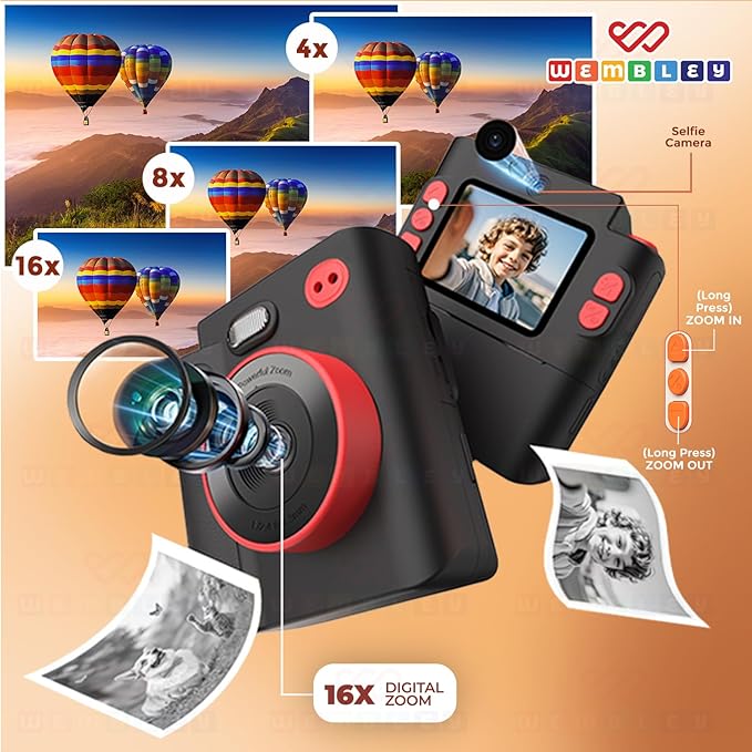 Wembley Kids Instant Print Camera with Dual Lens, 48MP, 1080P HD, 2.4" IPS Screen, 16X Zoom, 32GB SD Card, Thermal Printing, 6 Pens, 4 Rolls, USB Type-C, for Girls & Boys- Black