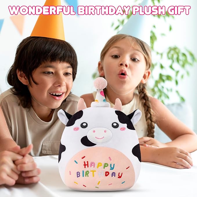 SQEQE Cow Stuffed Animal Kawaii Cow Plushie with Birthday Hat Soft Cow Stuffed Toy Birthday Party Decoration Gift for Kids Girls Boys(Dairy Cow,10 Inch)