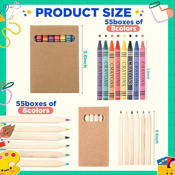 100 Packs Crayons Colored Pencils Bulk Bundle Pencil Crayon Set 3.5 Inch Mini 6 Color Pencils 8 Color Crayons Mini Boxes in Kraft Box for Kids Classroom School Teacher Birthday Party Supplies