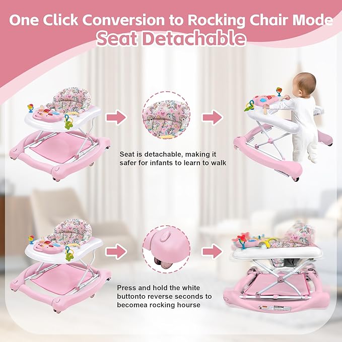 Foldable Baby 5-in-1 Activity Walker - Rocker, Activity Center, Bouncer, Seat Walker, Push Walker - Adjustable Speed Rear Wheels and Height Toys Ages 6-18 Months(Pink)