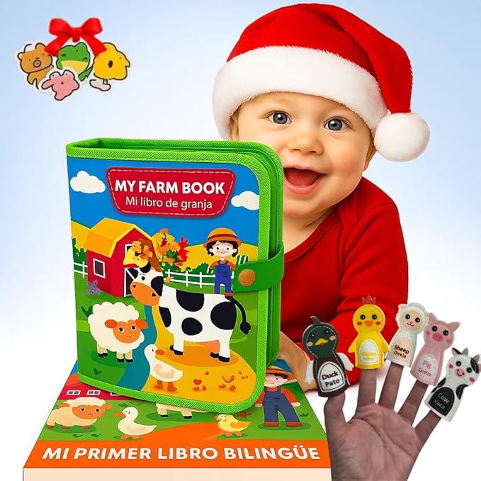Montessori Bilingual Sensory Book (ES/EN) Children 1-5 Years, Educational Toy and Sensory Play with Activities and Gift Stickers, Interactive Busy Board Style Book, Original Gift for Baby or Child