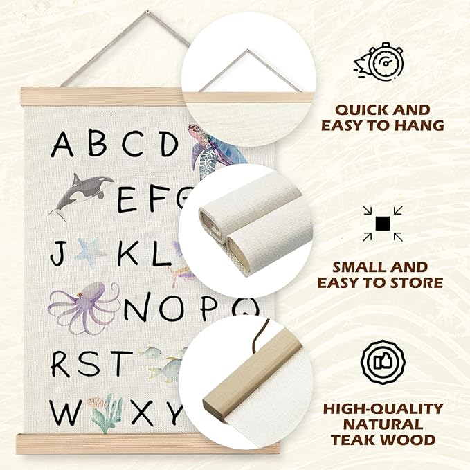 Supwhd Ocean Nursery Decor, Alphabet Numbers Ocean Animals Poster Hanger Frame, Sea Animals ABC 123 Educational Wall Decor for Nursery Kids Room Playroom Classroom Homeschool, 12x16 Set of 2