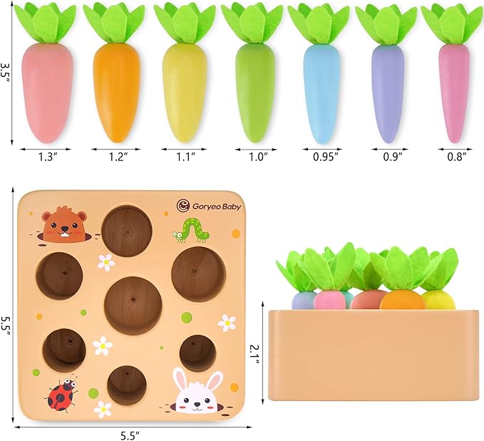 KMTJT Montessori Toys for 1 2 3 Year Old Toddlers, Macron Carrot Harvest Game Wooden Toys for Baby Boys and Girls, Educational Learning Shape Sorting Matching Gifts for Babies 1-3