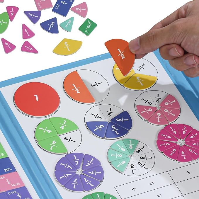 Magnetic Fraction Educational Puzzle with Fraction Tiles & Circles, Math Manipulatives Montessori Learning Toys to Help Kids Learn Fractions and Build Early Math Skills (Blue)