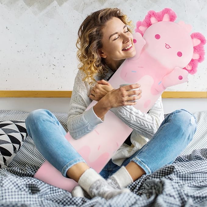 Mewaii Long Axolotl Plush 5 Sizes, 120% Extra Filling Giant Plushness Kids Body Pillow, Kawaii Cute Pink Axolotl Stuffed Animals Plushies, Big Long Body Pillow Cat Plush Gift for Girls 44”