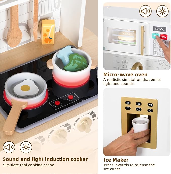 OOOK Wooden Kids Kitchen Playset, Simulated Kids Play Kitchen with Lights and Sounds, Nice Role Play Toy Kitchen with Plenty of Play Features for Kids Gift