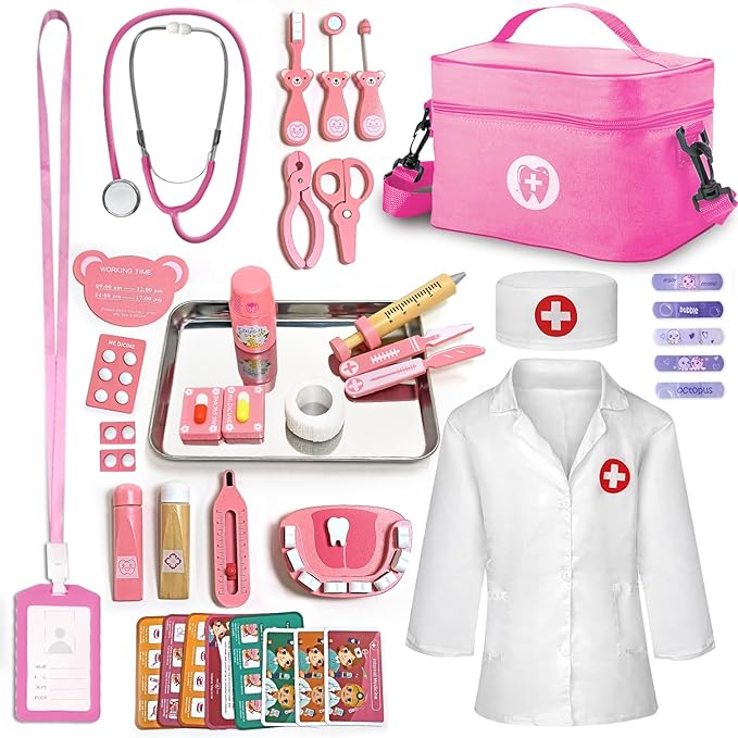 Doctor Kit for Kids Girls, Wooden Kids Dentist Play Set, Doctor Play Set Pretend Play Toys for Toddlers 3-5 , Realistic Wooden Medical Kit Role Play Set, Gifts for Boys Girls 3+ Years