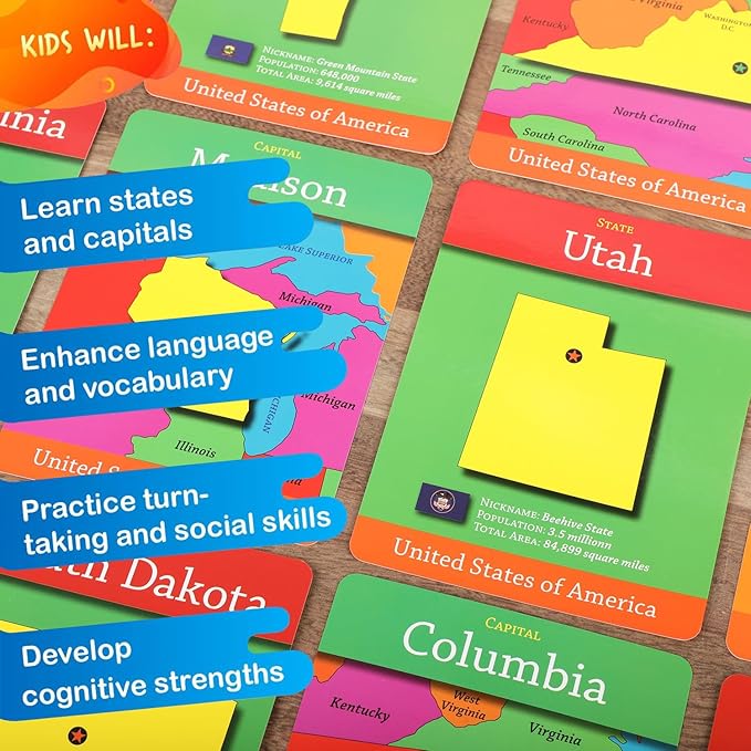 Geotoys GeoCards, USA Flash Cards Geography Game, Kid Card Games for Families, Home, School & Travel - States and Capitals Flash Cards - Fun Kid Games Ages 4 and Up