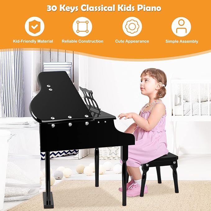 30-Key Kids Piano Keyboard, Mini Grand Piano for 3 Years+, Toddler Musical Instrument with Stool & Removable Music Stand, Wooden Baby Music Toys Gifts for Beginners, Girls & Boys