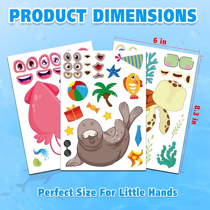 Aowplc 42 Pcs Ocean Animals Make-a-Face Sticker Sheets for Kids - 14 Sea Creature Designs for Party Favors, Classroom Activities, Arts & Crafts