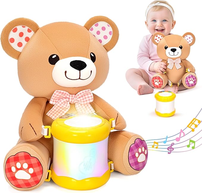 V-Opitos Stuffed Bear Musical Toys for Baby 6-12 Months+, Early Learning Light up Music Drum, Perfect Christmas Birthday Gifts for Boy & Girl Age 1, 2 Years Old