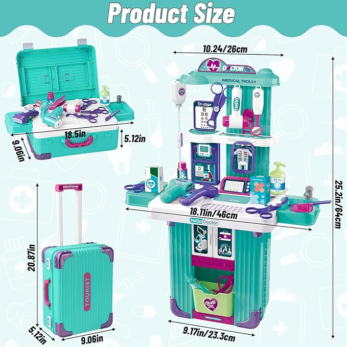 Gifts2U Doctor Kit for Toddlers 3-5, 3 in 1 Kids Doctors Cart Plays Set with Costume,Stethoscope, Thermometer, Medical Pretend Play Toys for Girls Boys