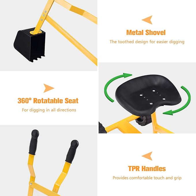 Costzon Kids Ride on Sand Digger with Wheels, Heavy Duty Steel Digging Scooper Excavator Crane with 360° Rotatable Seat for Dirt, Snow, Beach, Outdoor Sandbox Play Toy