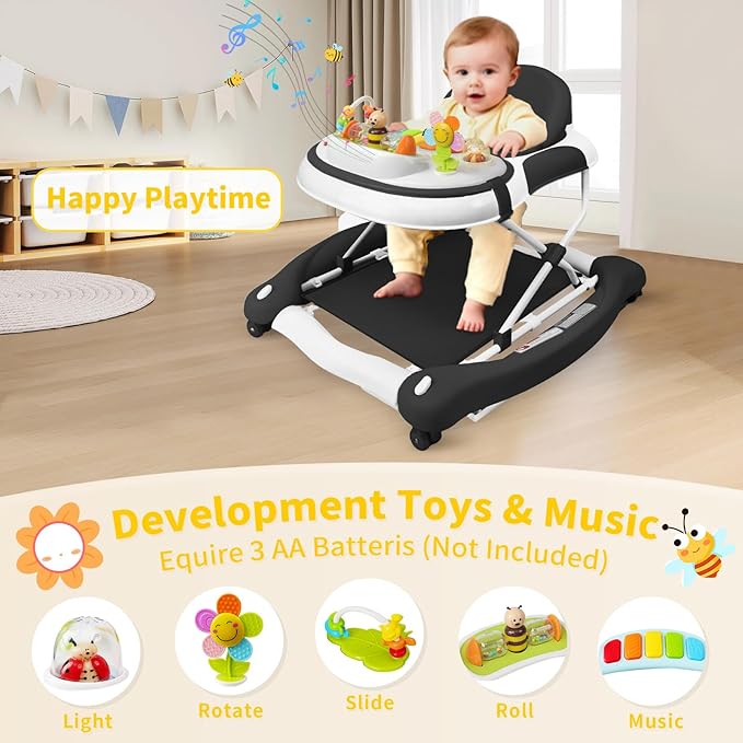 5 in 1 Baby Walker, Music and Lights Walker for Baby Boy Girls 6-12 Months, Foldable Baby Walkers with Wheels and Bouncer Combo Portable, Toddler Infant Walker with Adjustable Height