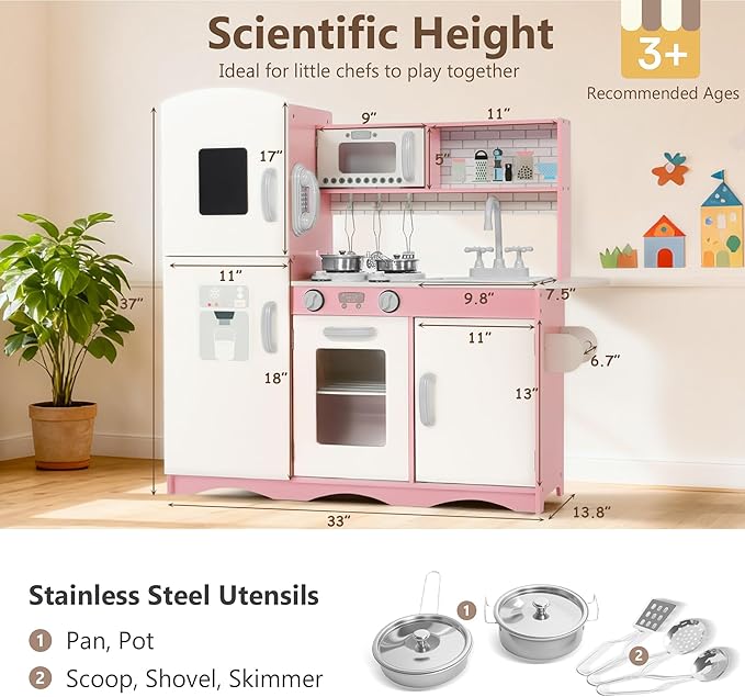 Kinder King Wooden Kids Play Kitchen, Toy Kitchen Playset for Toddler, Pretend Oven, Microwave, Telephone, Chalkboard, Interactive Doors, Knobs, Realistic Kitchen Sets for Boys Girls Age 3+, Pink