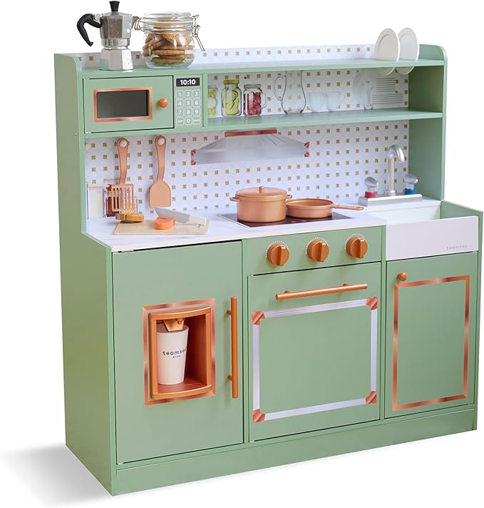 Teamson Kids Little Chef St. Louis Retro Wooden Play Kitchen for Toddlers, Green Pretend Kitchen Set with Ice Maker, Backsplash & 15 Accessories, Toy for Kids Ages 3+
