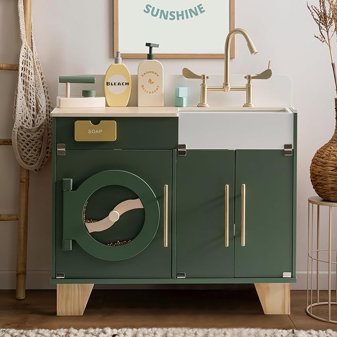 ROBOTIME Play Kitchen Set- Wooden Toy Washing Machine, Kids Washer and Dryer for Kids Kitchen Playset with Realist Sound/Iron, Pretend Play Kitchen for Toddlers (Vintage Green)