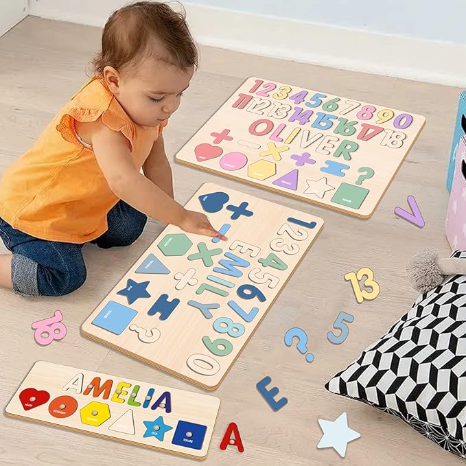 Personalized Name Puzzles, Montessori Toys, Shape Number Puzzles for Toddlers, Educational Toys, Customized Easter for 1st Birthday Girls and Boys