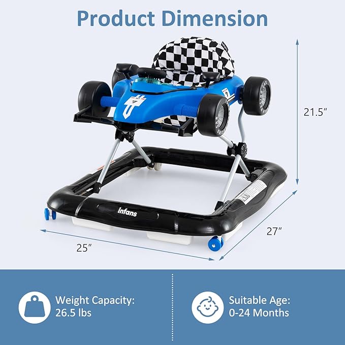 INFANS 4 in 1 Baby Walker, Foldable Toddler Activity Center with Adjustable Height, Padded Seat, Music, Light, Removable Tray, Push Walker for Girls Boys Aged 6-18 Months (Blue)