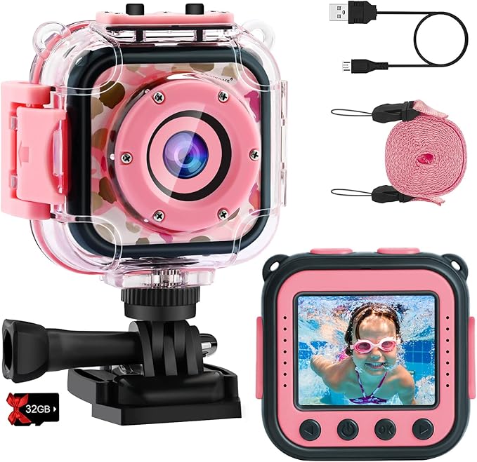 PROGRACE Kids Waterproof Camera - Birthday for 3-12 Year Old Girls 1080P HD Underwater Video Camera for Kids Pool Toys Toddler Digital Cameras with 32GB SD Card Pink
