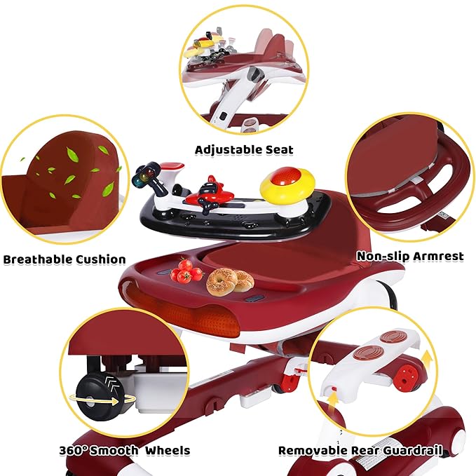 6 in 1 Baby Walker, Baby Activity Center for Toddler, Walker Rocker Bouncer w/Adjustable Height Speed, Learning-Seated & Walk-Behind, Infant Walker w/Feeding Tray & Music Toys, Red