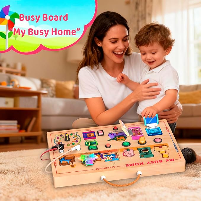 Montessori Wooden Busy Board for Toddlers 1-3 - Light Up LED Switch Sensory Board, Home Kitchen Themed Educational Learning Toy, Portable Travel Car Activities Gifts for 1 2 Year Old Boys Girls