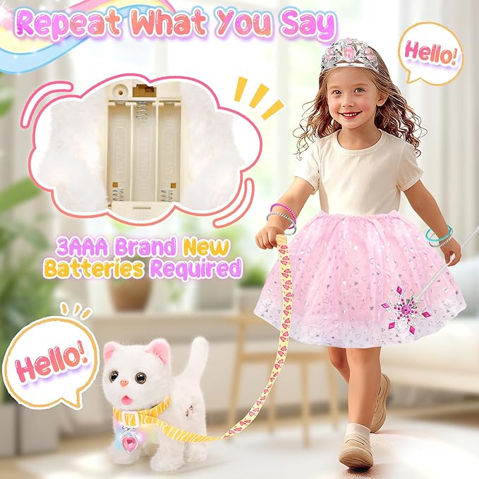 Tagitary Plush Toys Walking Cat Repeats What You Say,Stuffed Interactive Cat Talking Singing Toys with Princess Dress Up Accessories Jewelry Toys,Christmas Birthday Gift Party Favors for Kids