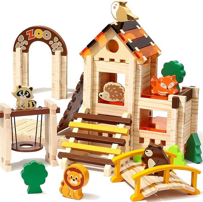 Toyssa Wooden Building Blocks for Kids Ages 4-8, 167 PCS Stacking Blocks STEM Building Toys with Animals & DIY House, Christmas Birthday Gifts for Girls Boys 4 5 6 7 8 Years Old