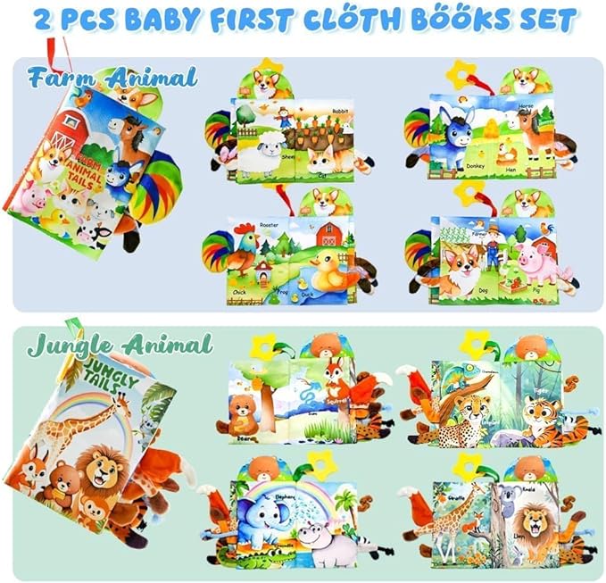 Kimicare 2 PCS Baby Books 0-6 Months, Crinkle Books for Babies, Jungle Tails Soft Cloth Book for Babies 6-12 Months, Infant Farms Sensory Book, Tummy Time Toys, Birthday Gifts Christmas