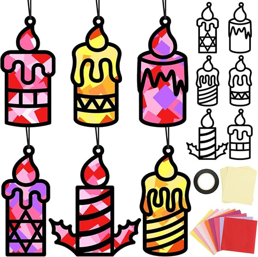 Qyeahkj 36 Set Christmas Xmas Candle Suncatchers Crafts Kit DIY Window Tissue Paper Craft Kits Stained Glass Effect Winter Holiday Hanging Ornaments for School Classroom Home Activity Art Favor Gift