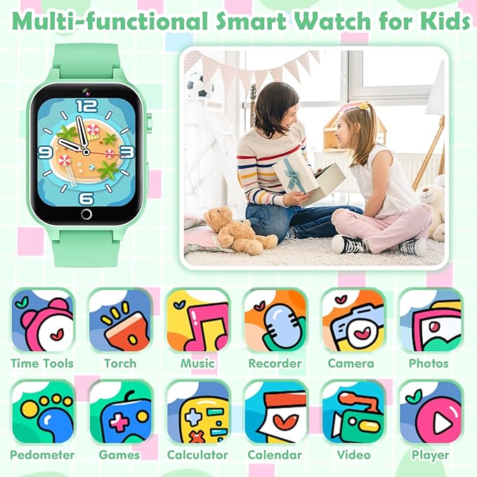 Luyiilo Smart Watch for Kids, with 26 Puzzle Games, Touch Screen, HD Camera, Alarm Clock, Toys for Ages 4-12 Years Old.Birthday Gift for Boys Girls (Green)