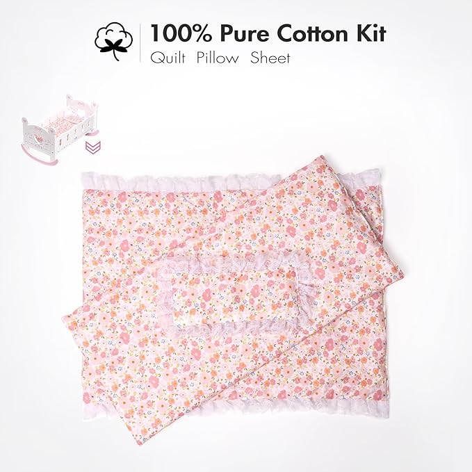 ROBOTIME Wooden Baby Doll Crib, Doll Cradle Bed for 18-24 Inch Dolls, Baby Doll Crib Set with Blanket and Pillow, Toy Doll Bed for Girls Ages 3+