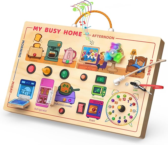 My Busy Home Montessori Busy Board for Toddlers 1-3, Wooden Sensory Activity Board with Switches, Lights, Clock, Kitchen Appliances Toys, Educational Busy Board for 1+ Year Old Boys Girls