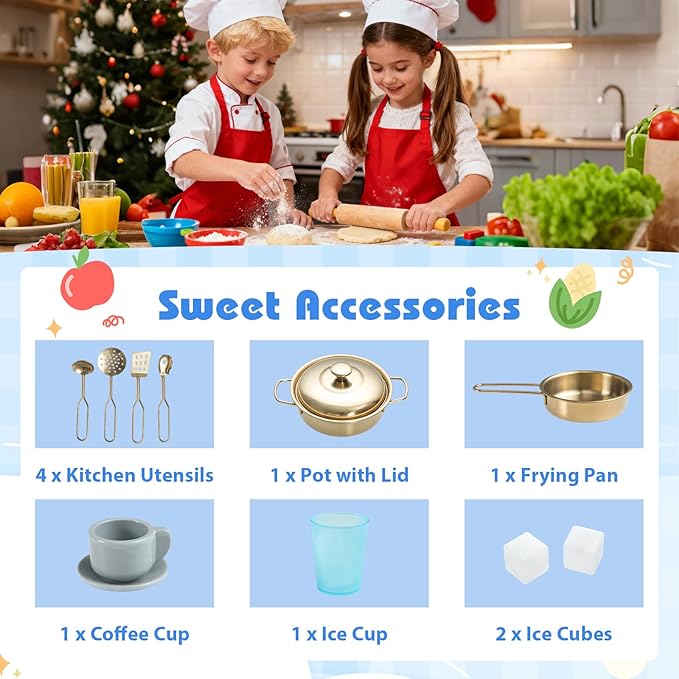 Costzon Kids Kitchen Playset, Toddler Pretend Cooking Playset w/Stoves, Faucet, Sink, Coffee Machine, Range Hood, Microwave Oven & Ice Dispenser, Wooden Chef Play Kitchen for Kids Aged 3+ (Blue)