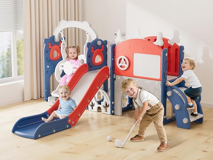 YUFU 13 in 1 Toddler Slide and Swing Set, Kids Slide for Toddlers Age 1-3, Toddler Playset with Golf Set, Basketball Hoop and Drawing Board, Outdoor Indoor Playground (Blue Red)