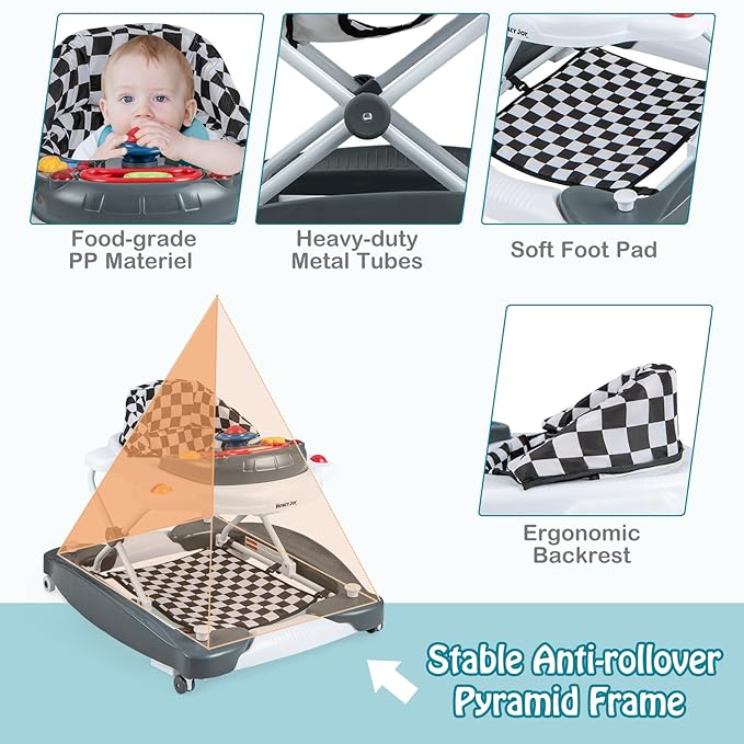 HONEY JOY Baby Walker, 6-in-1 Foldable Baby Walker and Bouncer Combo, Infant Activity Walker with Wheels, Adjustable Heights, Rocker, Music, Lights, Walker for Baby Boy Girl 7-14 Months (Gray)