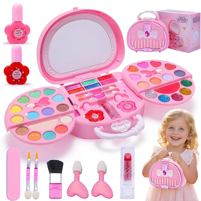 Kids Makeup Kit for Girl Real Washable Makeup Set with Mirror, Nail Polish Kit Pretend Beauty Gift for 3 4 5 6 7 8 Year Old Girls