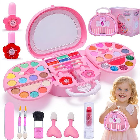 Kids Makeup Kit for Girl Real Washable Makeup Set with Mirror, Nail Polish Kit Pretend Beauty Gift for 3 4 5 6 7 8 Year Old Girls