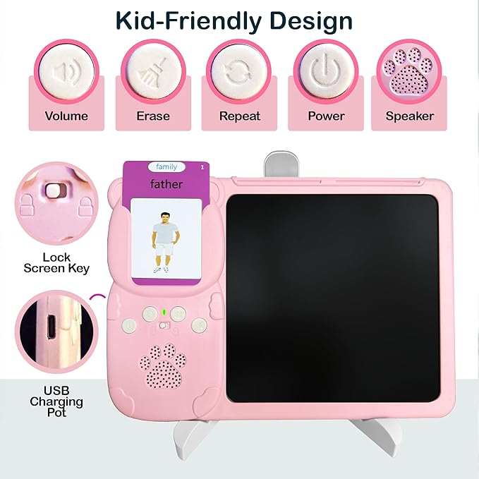 Spanish&English Talking Flash Cards for Toddlers - LCD Writing Tablet Kids - Drawing Tablet Toddler Toys 510 Sight Words Learning Montessori - Autism & Speech Therapy Toys - Kindergarten Gifts (Pink)
