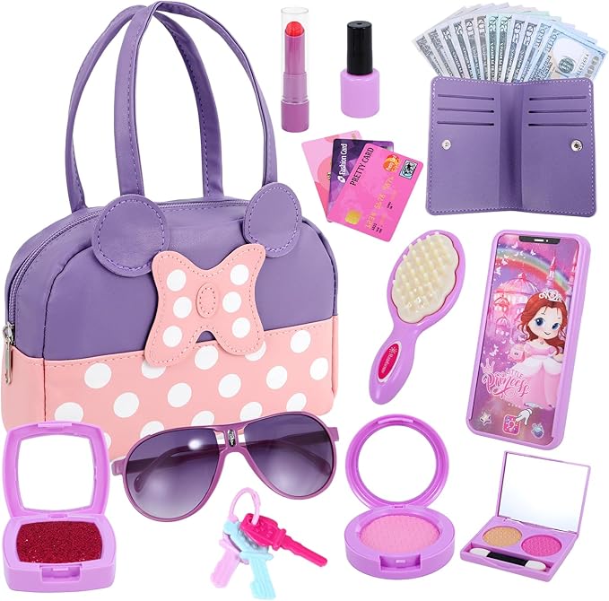 Pretend Play Purse for Little Girls, Toddler Purse with Pretend Makeup Toys for Toddlers, Princess Pretend Play Purse Toys, Kids Purse Toy Birthday Gift for Girls Age 3 4 5 6+ (Purple)